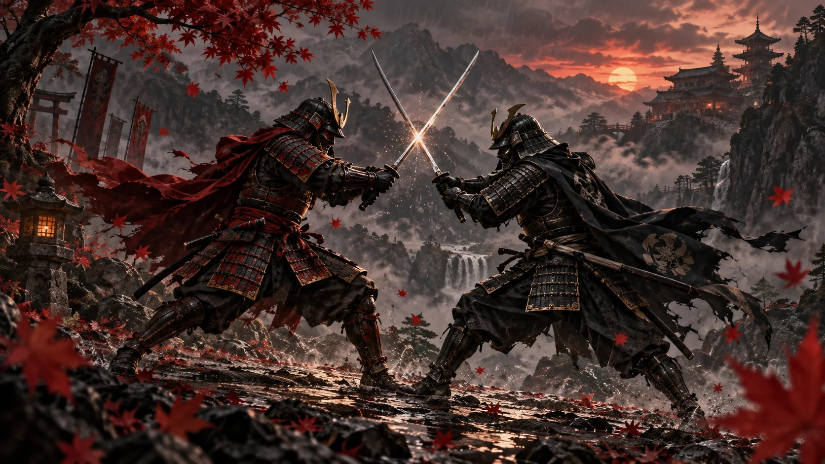 Two armored samurai crossing swords on a misty mountain pass at sunset